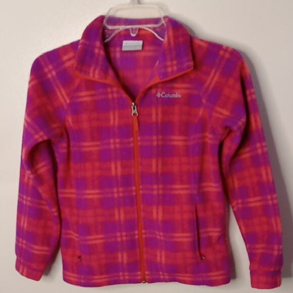 Columbia Girls Size Medium Pink and Orange Plaid Fleece Jacket. Athleisure, War - Picture 1 of 9